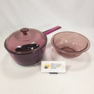 Corning Ware Pyrex Vision Bundle #322 Mixing Bowl Teflon Saucpan Cranberry